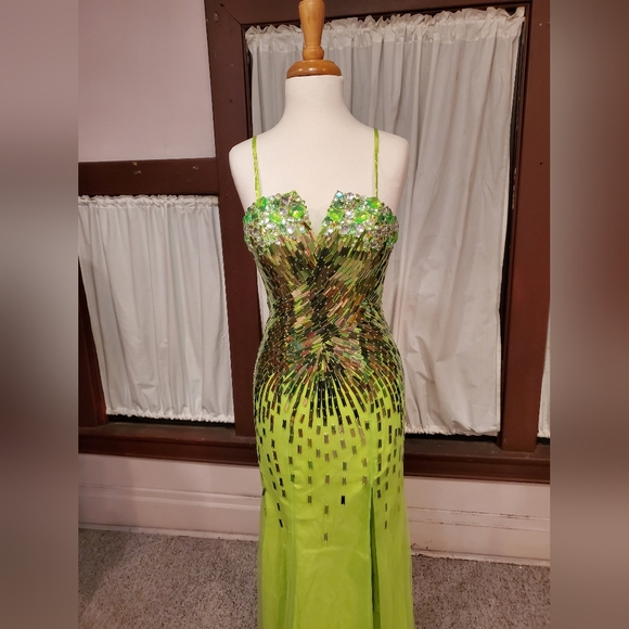 Flutter Sleeves Long Gown with Slit Lime Green Plus Size